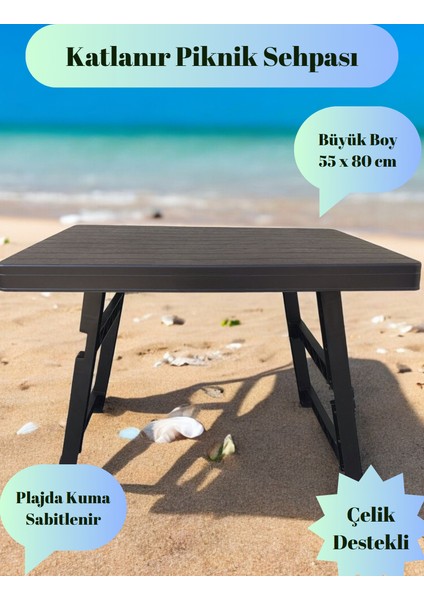 Büyük Boy Çelik Destekli Katlanır Piknik & Kamp & Bahçe Balkon Sehpası 80 x 55 cm Koyu Kahverengi