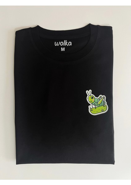 Minimal Çekirge Baskılı Unisex %100 Pamuk Oversize Bisiklet Yaka Siyah T-Shirt