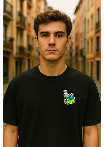 Minimal Çekirge Baskılı Unisex %100 Pamuk Oversize Bisiklet Yaka Siyah T-Shirt indirimleri