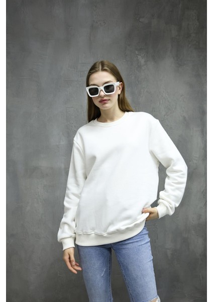 Unisex Ekru Renk Bisiklet Yaka Oversize Sweatshirt
