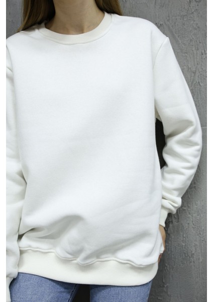 Unisex Ekru Renk Bisiklet Yaka Oversize Sweatshirt fiyatları