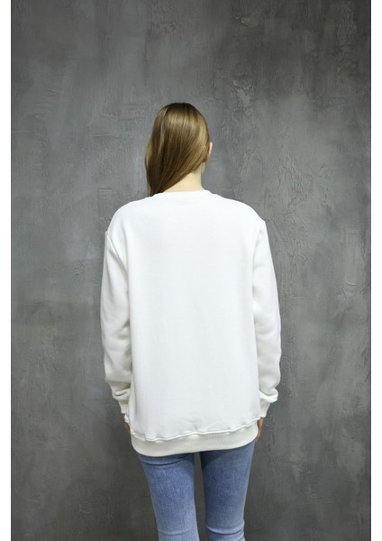 Unisex Ekru Renk Bisiklet Yaka Oversize Sweatshirt modelleri