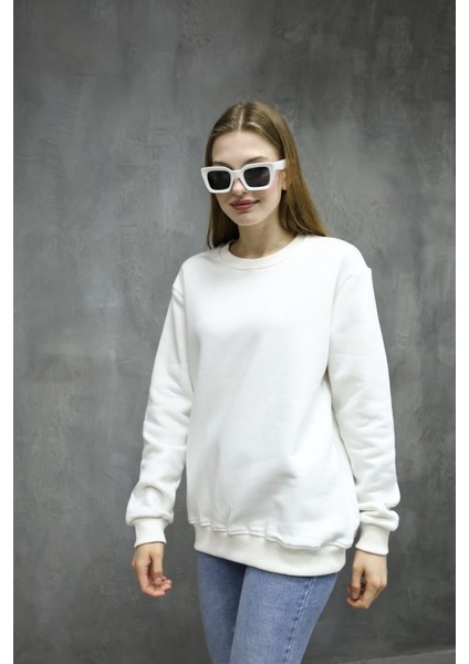 Unisex Ekru Renk Bisiklet Yaka Oversize Sweatshirt fırsatları