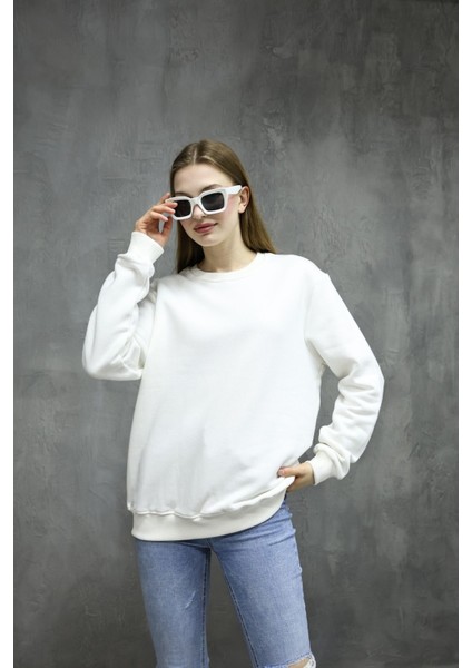 Unisex Ekru Renk Bisiklet Yaka Oversize Sweatshirt