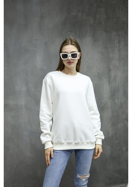 Unisex Ekru Renk Bisiklet Yaka Oversize Sweatshirt