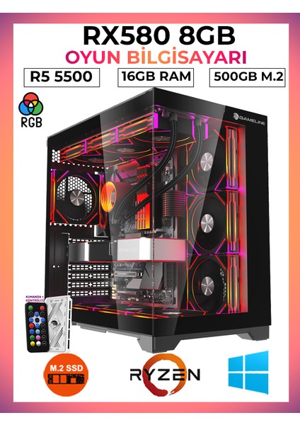 Pro X7 Ryzen 5 5500 16GB Ram 500GB M.2 Nvme SSD RX580 8gb Oyuncu Free Dos Masaüstü Bilgisayar