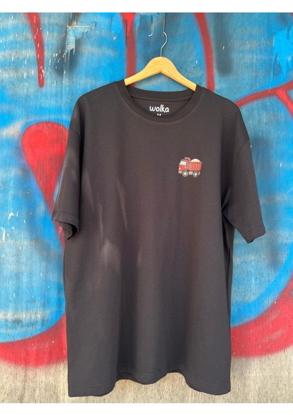Minimal Kamyon Baskılı Unisex %100 Pamuk Oversize Bisiklet Yaka Siyah T-Shirt