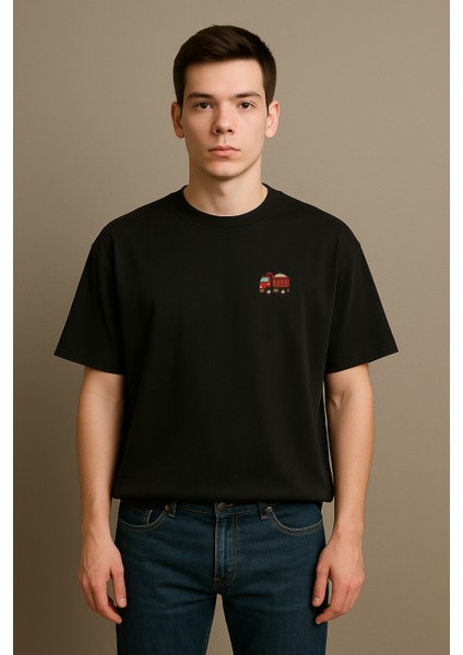 Minimal Kamyon Baskılı Unisex %100 Pamuk Oversize Bisiklet Yaka Siyah T-Shirt fırsatları