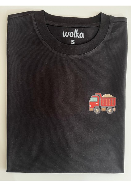 Minimal Kamyon Baskılı Unisex %100 Pamuk Oversize Bisiklet Yaka Siyah T-Shirt indirimleri