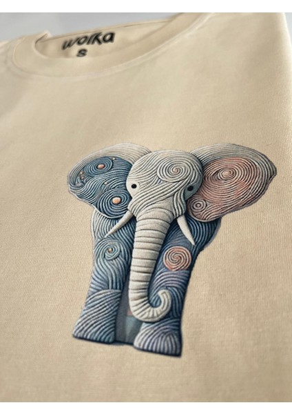 Fil Baskılı Unisex %100 Pamuk Oversize Bisiklet Yaka Bej T-Shirt