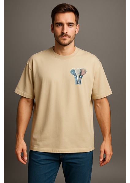 Fil Baskılı Unisex %100 Pamuk Oversize Bisiklet Yaka Bej T-Shirt modelleri