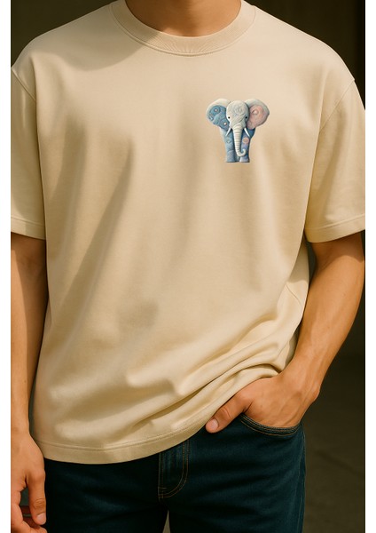 Fil Baskılı Unisex %100 Pamuk Oversize Bisiklet Yaka Bej T-Shirt indirimleri