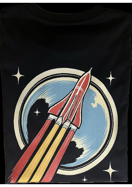 Sputnik Uzay Roketi Baskılı Unisex %100 Pamuk Oversize Bisiklet Yaka Siyah T-Shirt
