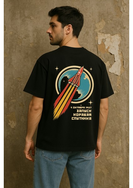 Sputnik Uzay Roketi Baskılı Unisex %100 Pamuk Oversize Bisiklet Yaka Siyah T-Shirt modelleri