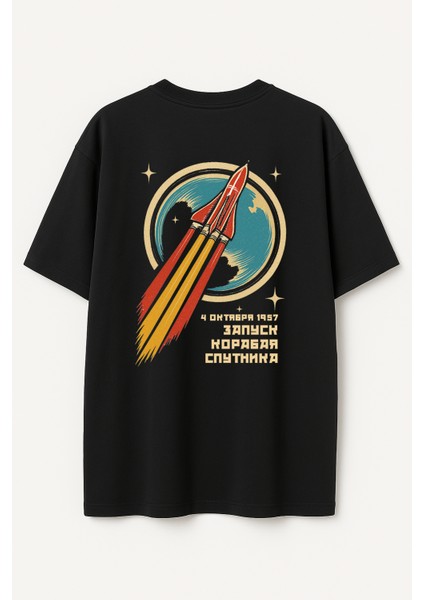 Sputnik Uzay Roketi Baskılı Unisex %100 Pamuk Oversize Bisiklet Yaka Siyah T-Shirt indirimleri