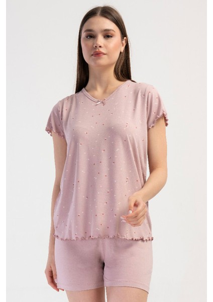 Kadın Vıscon V Yaka Kısa Kol Şortlu Pijama Takım , 409308