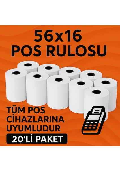 56X16 Termal Pos Kağıdı Rulosu 20'li - Tüm Pos Cihazlara Uyumlu