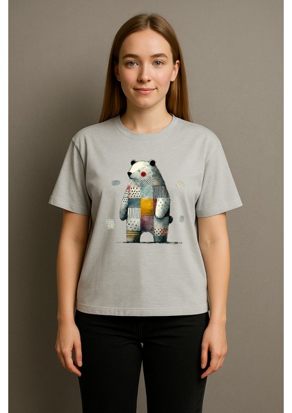 Patchwork Kutup Ayısı Baskılı Unisex %100 Pamuk Oversize Bisiklet Yaka Gri T-Shirt