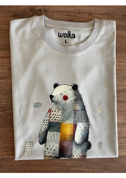 Patchwork Kutup Ayısı Baskılı Unisex %100 Pamuk Oversize Bisiklet Yaka Gri T-Shirt modelleri