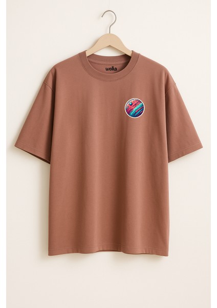 Gezegen Baskılı Unisex %100 Pamuk Oversize Bisiklet Yaka Kahverengi T-Shirt modelleri