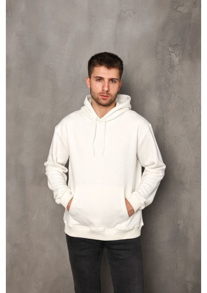 Erkek Ekru Renk Kanguru Cepli Kapüşonlu Unısex Sweatshirt Hoodie Sweat