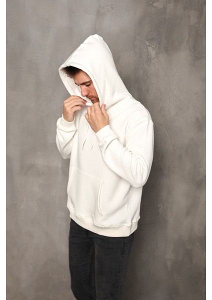 Erkek Ekru Renk Kanguru Cepli Kapüşonlu Unısex Sweatshirt Hoodie Sweat modelleri