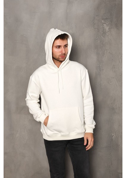 Erkek Ekru Renk Kanguru Cepli Kapüşonlu Unısex Sweatshirt Hoodie Sweat