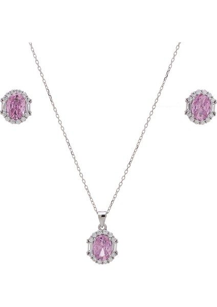 5-8 mm Pembe Oval Zirkon Taşlı 925 Ayar Gümüş Kadın 2'li Set