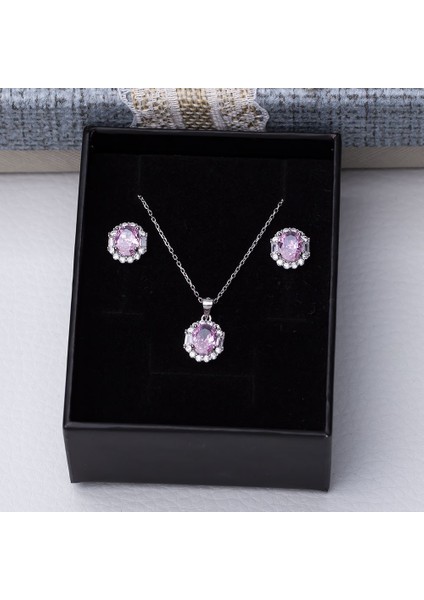 5-8 mm Pembe Oval Zirkon Taşlı 925 Ayar Gümüş Kadın 2'li Set modelleri