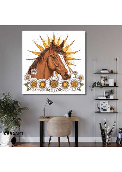 Kare Kanvas Tablo Minimalist Güneş Papatyalar ve At Silüeti