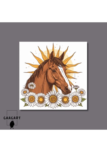 Kare Kanvas Tablo Minimalist Güneş Papatyalar ve At Silüeti modelleri