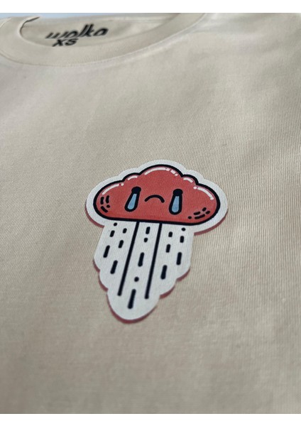 Minimal Bulut Baskılı Unisex %100 Pamuk Oversize Bisiklet Yaka Bej T-Shirt