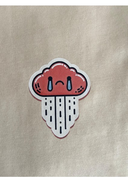 Minimal Bulut Baskılı Unisex %100 Pamuk Oversize Bisiklet Yaka Bej T-Shirt fiyatları