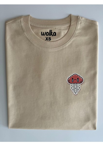 Minimal Bulut Baskılı Unisex %100 Pamuk Oversize Bisiklet Yaka Bej T-Shirt modelleri