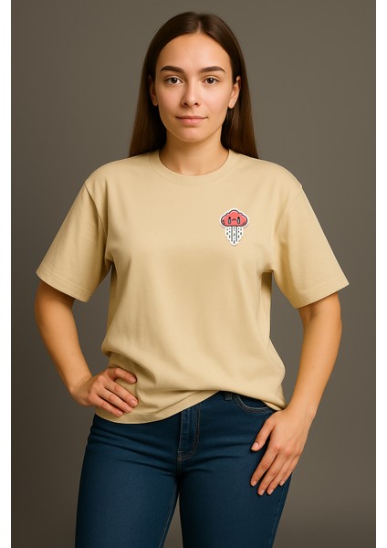 Minimal Bulut Baskılı Unisex %100 Pamuk Oversize Bisiklet Yaka Bej T-Shirt fırsatları