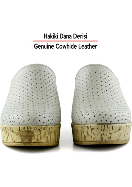 Aria Vizon Hakiki Dana Derisi Önü Kapalı Mantar Taban Görünümlü Dolgu Topuklu Terlik