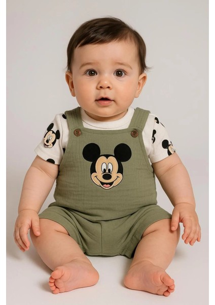 Erkek Bebek Mickey Mousebaskılı Tulum+ Pamuklu Mickey Mouse Tişört