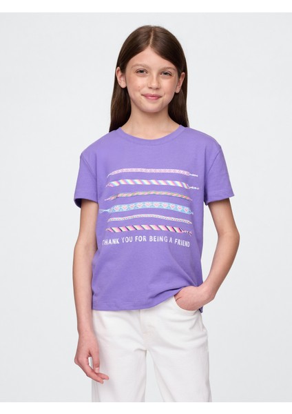 Kız Çocuk Lila Grafik Baskılı T-Shirt