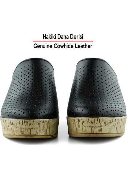 Aria Siyah Hakiki Dana Derisi Önü Kapalı Mantar Taban Görünümlü Dolgu Topuklu Terlik