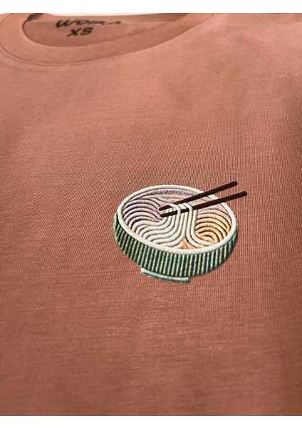 Noodle Baskılı Unisex %100 Pamuk Oversize Bisiklet Yaka Kahverengi T-Shirt