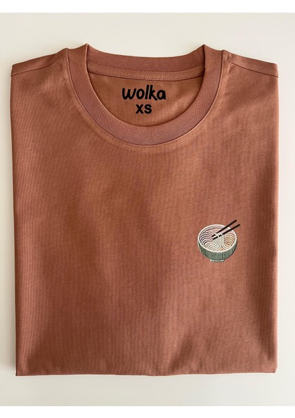 Noodle Baskılı Unisex %100 Pamuk Oversize Bisiklet Yaka Kahverengi T-Shirt indirimleri