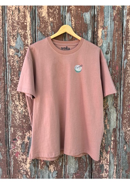 Noodle Baskılı Unisex %100 Pamuk Oversize Bisiklet Yaka Kahverengi T-Shirt