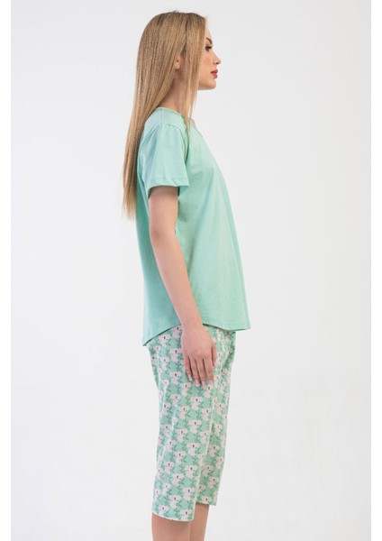 Pamuklu Kadın Büyük Beden Kısa Kol Kaprili Pijama Takım , 410105