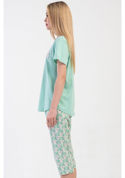 Pamuklu Kadın Büyük Beden Kısa Kol Kaprili Pijama Takım , 410105
