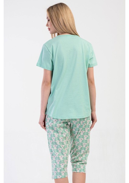 Pamuklu Kadın Büyük Beden Kısa Kol Kaprili Pijama Takım , 410105