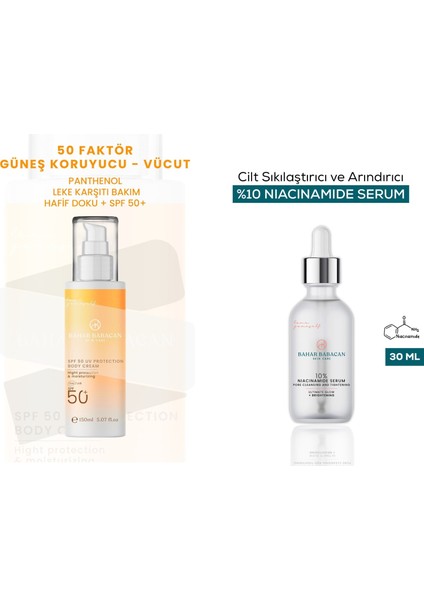 Leke Karşıtı 50SPF+ Vücut Güneş Kremi 150 ml+ Arındırıcı Niacinamide Serum 30 ml Hediye