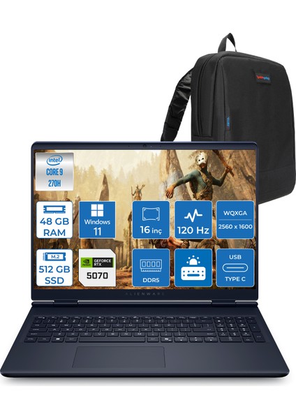 Alienware 16 Aurora Intel Core 9-270H Aı 48GB GB 512GB SSD 8GB/RTX5070 Gddr7 115W 16" 2.5k 2560 x 1600 Wqxga 120Hz Windows 11 Home Taşınabilir Bilgisayar WAC16250-C932157H17+ZETTAÇANTA