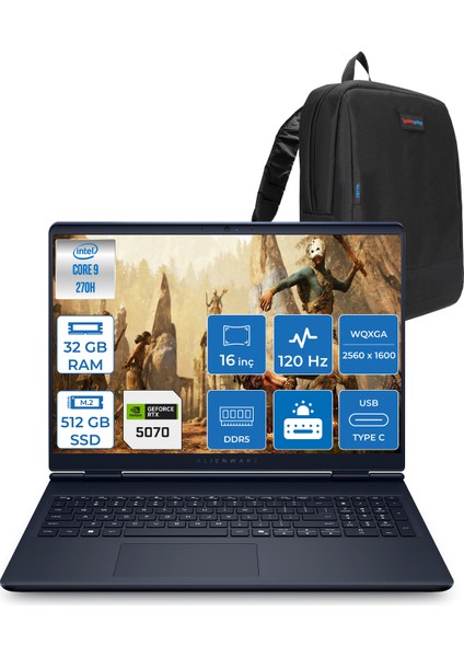 Alienware 16 Aurora Intel Core 9-270H Aı 32GB GB 512GB SSD 8GB/RTX5070 Gddr7 115W 16" 2.5k 2560 x 1600 Wqxga 120Hz Freedos Taşınabilir Bilgisayar WAC16250-C932157F09+ZETTAÇANTA
