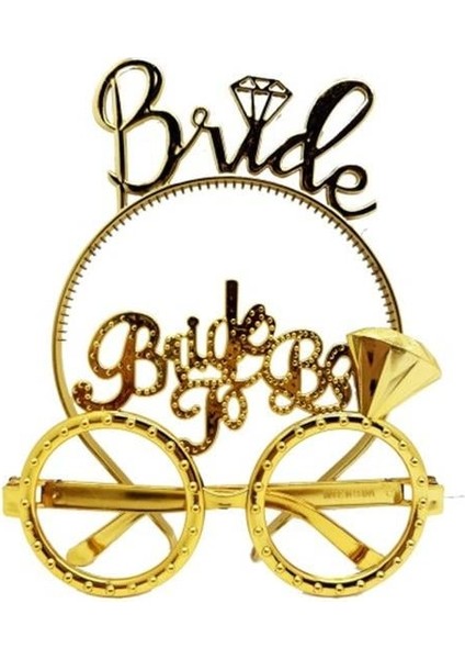 Bride Yazılı Taç ve Bride To Be Yazılı Gözlük Seti Altın Renk