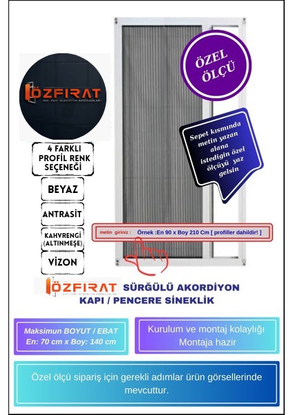 Plise Pileli Sürgülü [EN70 x Boy 140CM] Akordiyon Kayar Kapı - Pencere Sineklik (Demir Kapı ,ahşap Kapı, Çelik Kapı Pimapen Kapı Sinekliği